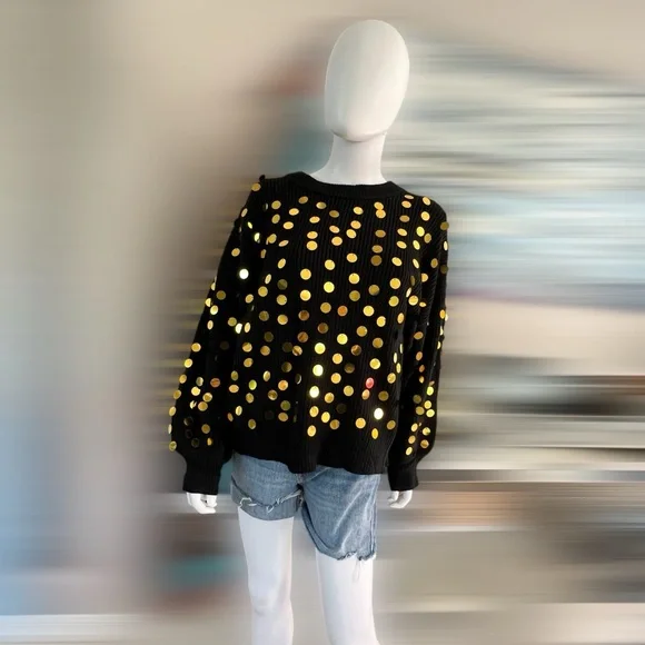 PEACH LOVE CALIFORNIA Black shaker knit gold accent sweater S M L - Picture 7 of 9